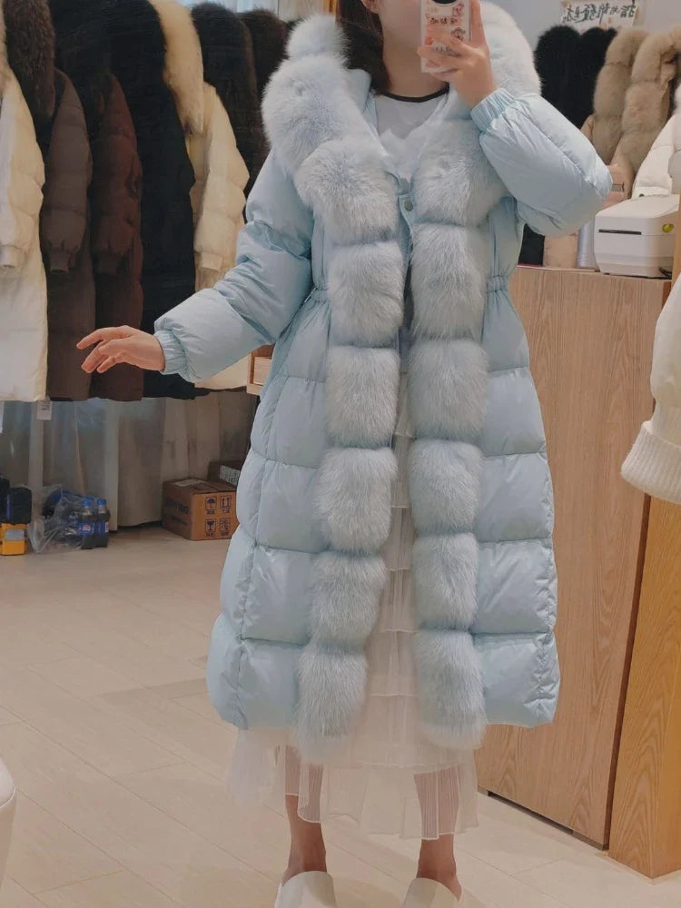 Damen Steppmantel Lang mit Kapuze und Pelzbesatz Winterjacke