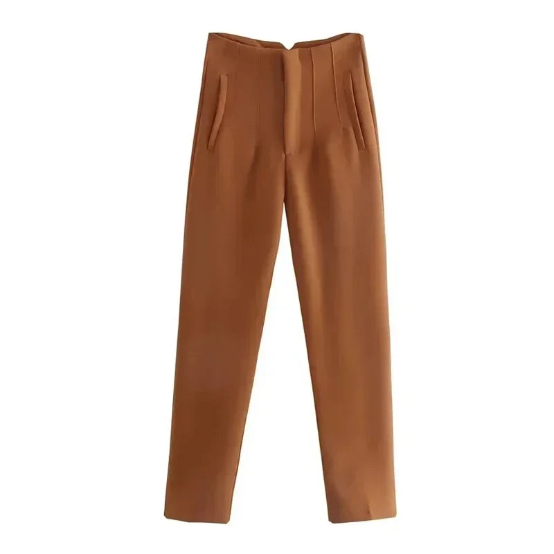 Damesbroek van stof met hoge taille in wortelmodel