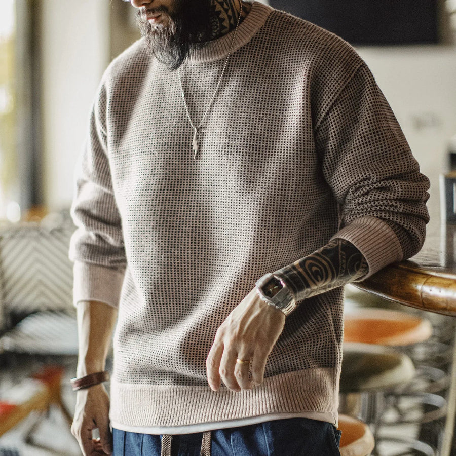 Herren Grobstrick Pullover Rundhals Langarm Beige Waffelstrick
