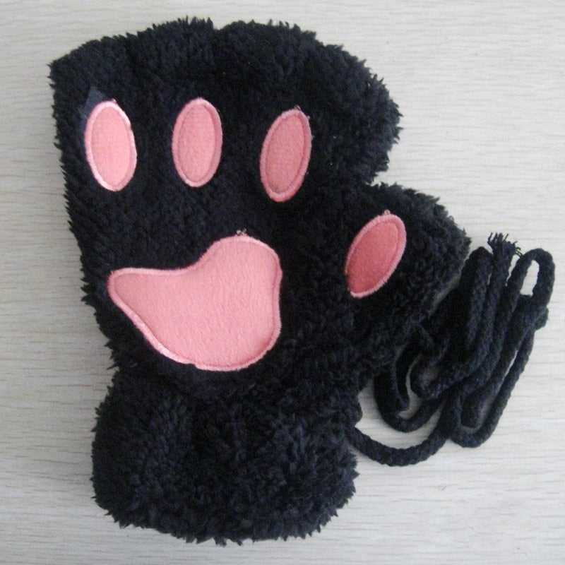Unisex pluizige kattenpoot-handschoenen zonder vingers, met pootafdruk en band