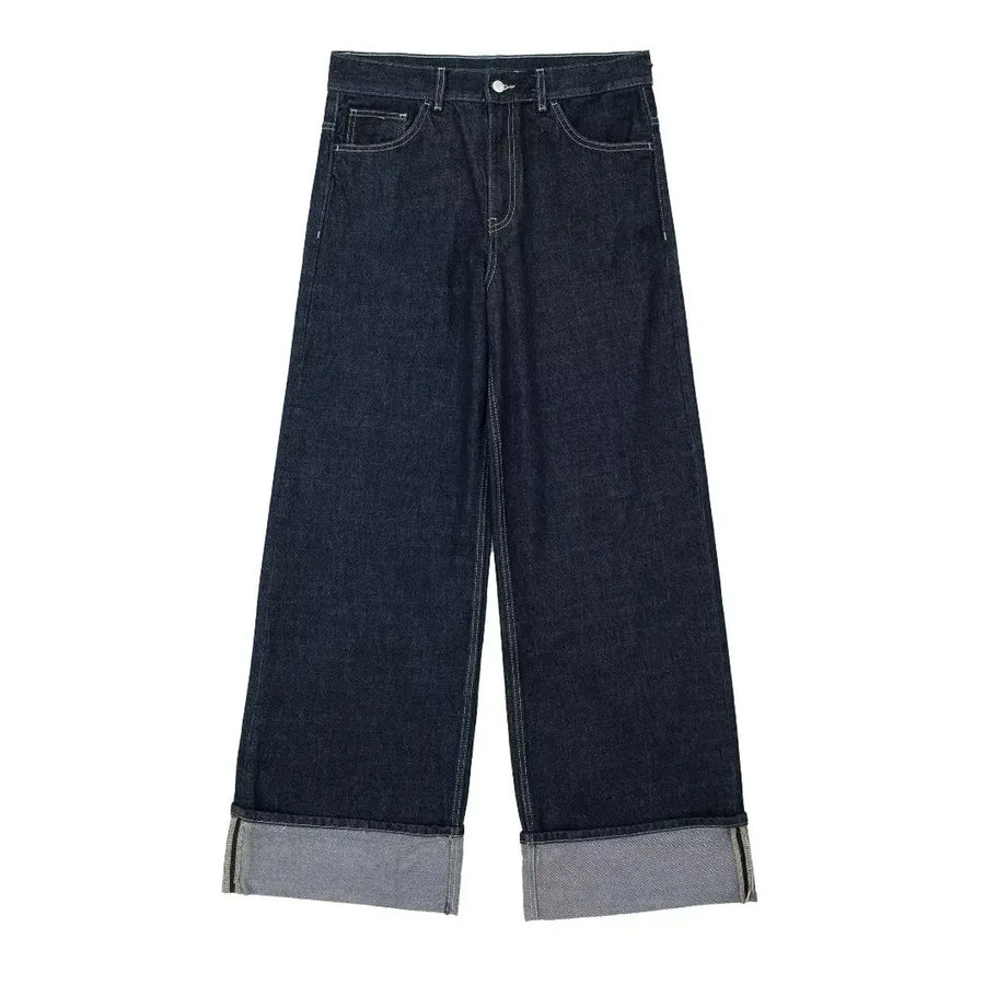 Wide leg-jeans voor dames, donkerblauw, met omslag en lichte naden