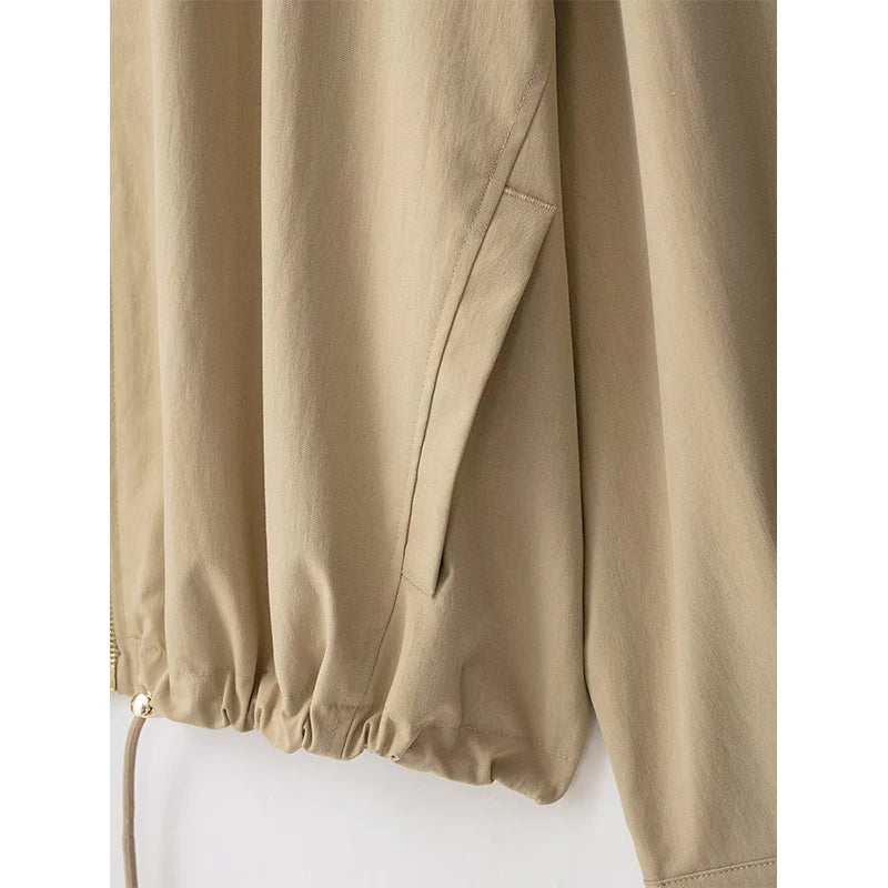 Damen Leichte Jacke Beige mit Kapuze Kariertes Futter Reißverschluss Tunnelzug Saum