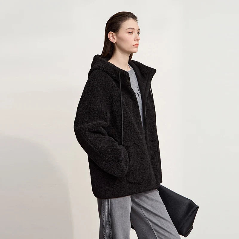 Damen Kapuzenjacke Teddyfleece Beige Übergangsjacke