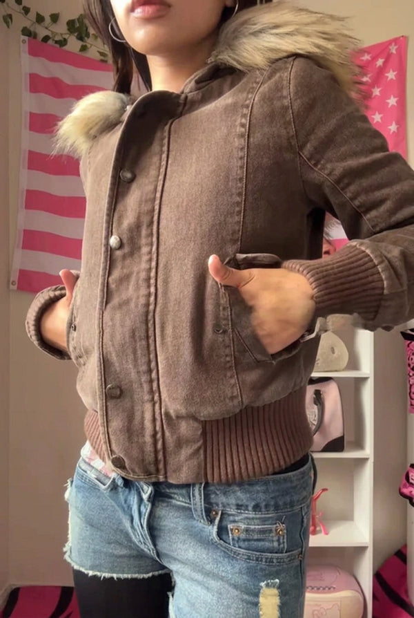Damen Bomberjacke mit Kapuze und Kunstpelzbesatz