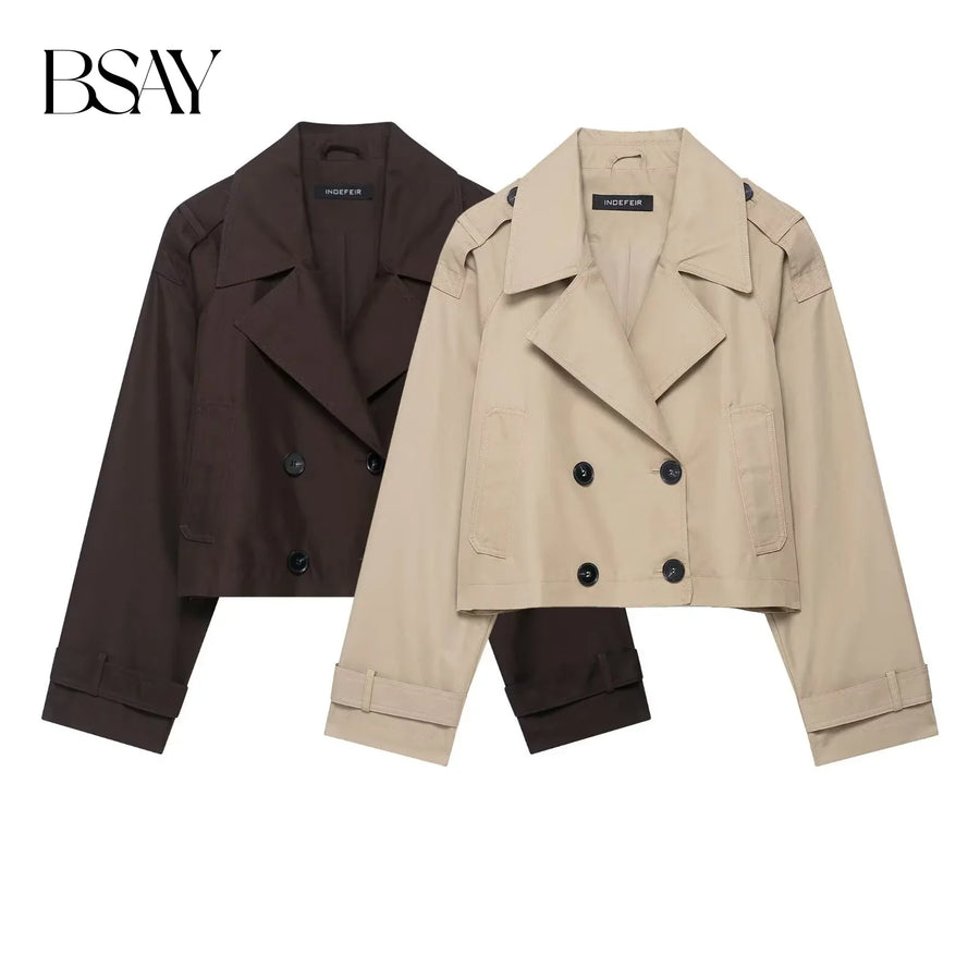 Kurze Damen Jacke Trenchcoat Stil Zweireiher Beige