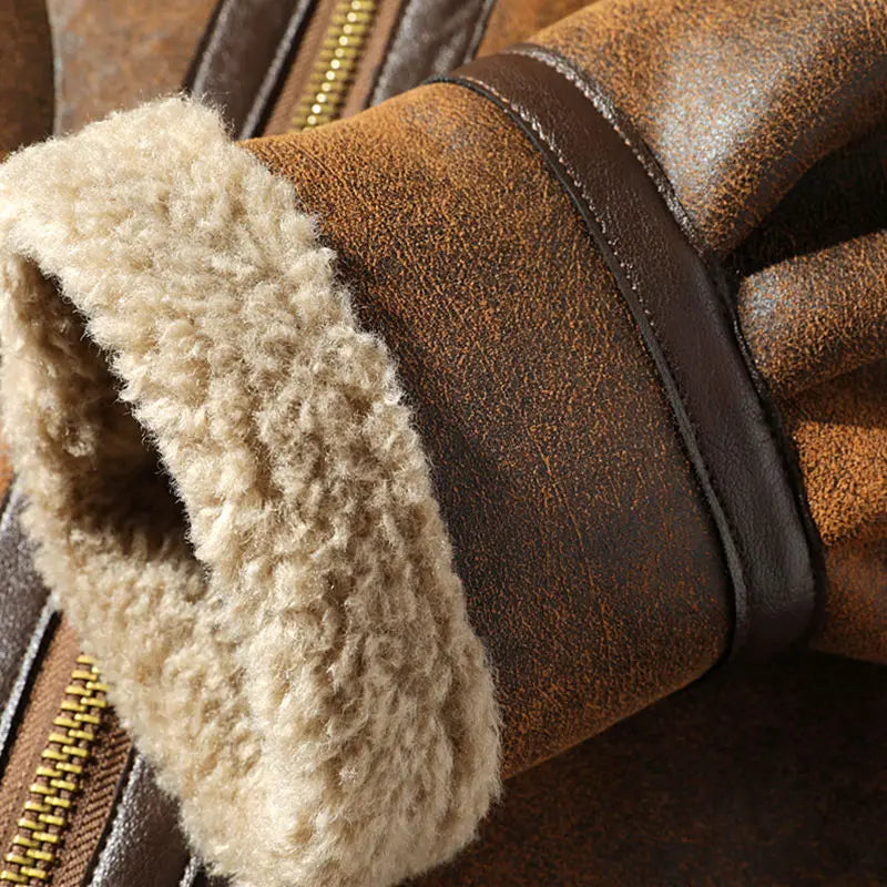 Herren Pilotenjacke Braun mit Teddyfutter Reißverschluss Warm