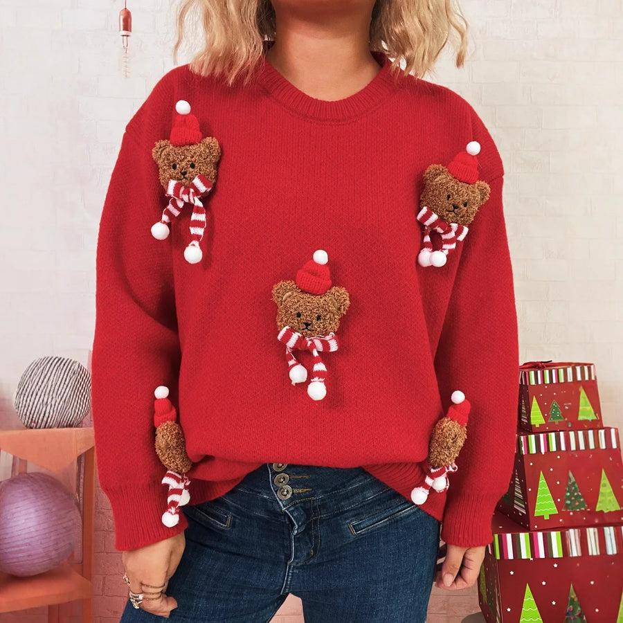 Kerstpullover met teddybeerapplicaties, lange mouwen en ronde hals
