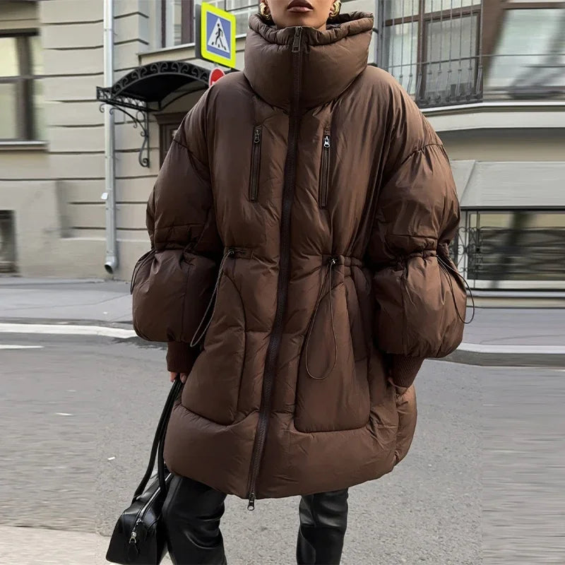 Damen Pufferjacke Oversize Braun Stehkragen Winterjacke