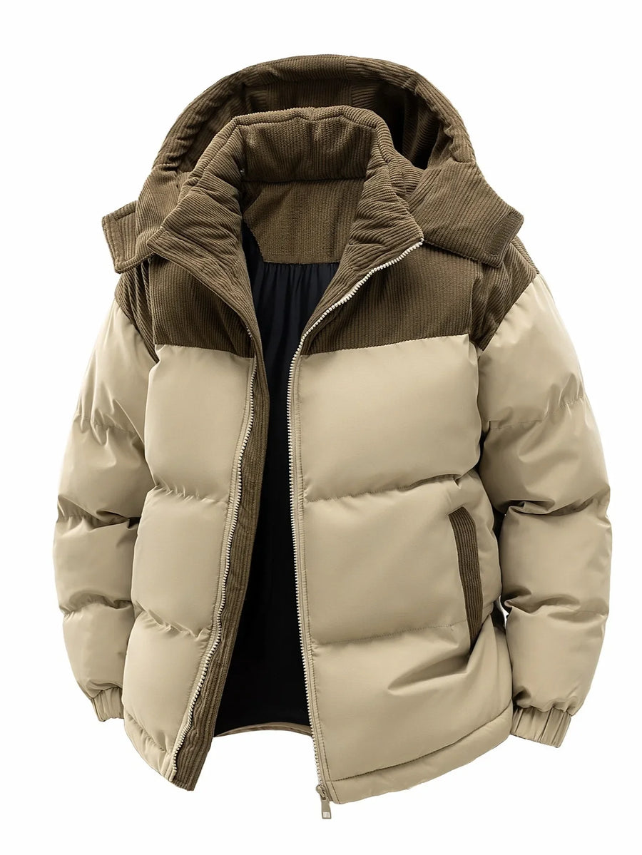 Winter Steppjacke mit Kapuze und Cord-Details für Herren, warm und winddicht