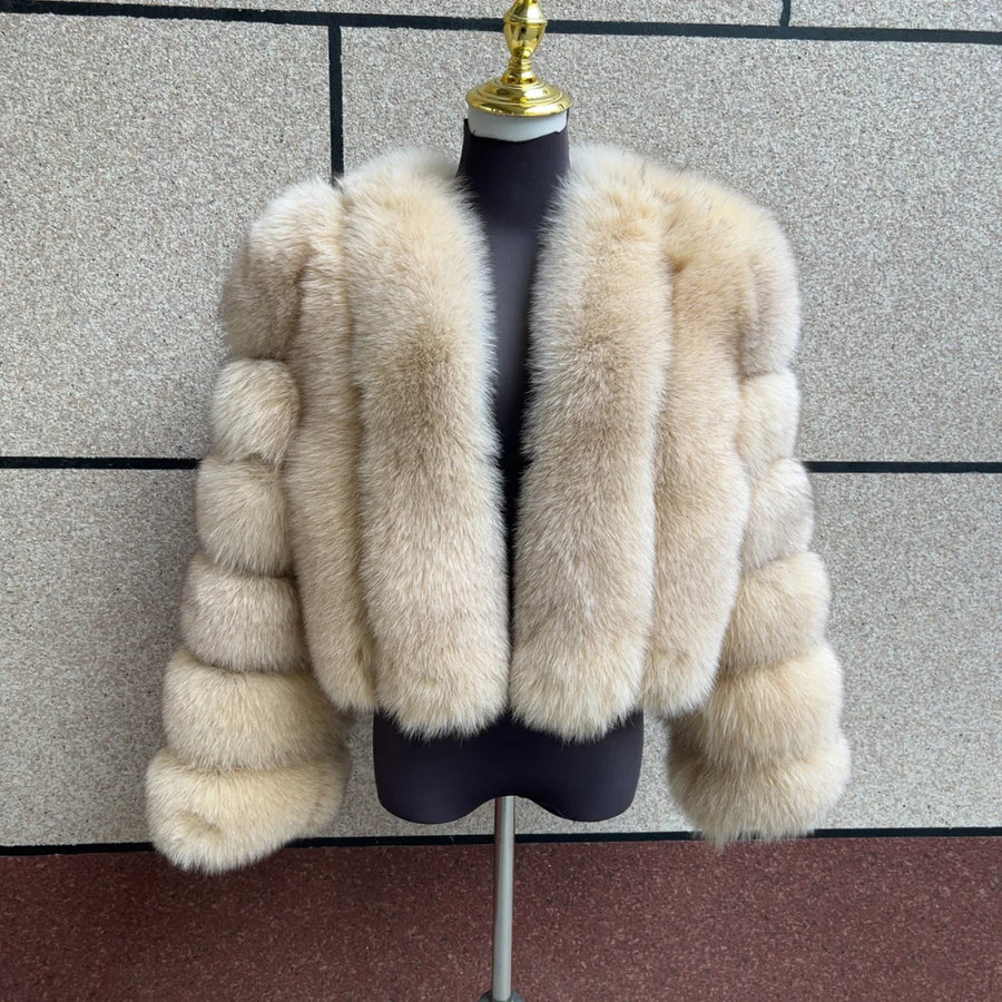 Kurze Damen Kunstpelzjacke mit langen Ärmeln und V-Ausschnitt, mehrfarbig