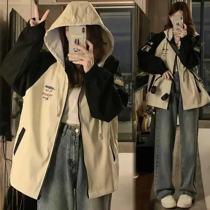 Damen Kapuzenjacke Zweifarbig Beige Grün Freizeit Reißverschluss