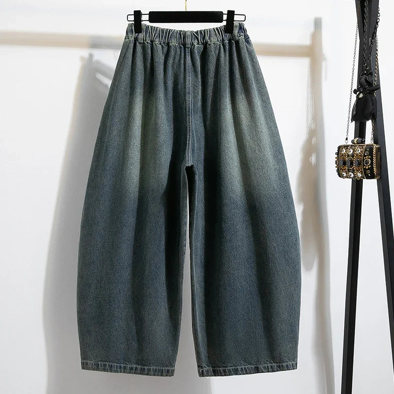 Damen Jeanshose Weites Bein Hohe Taille Waschung Dunkelblau