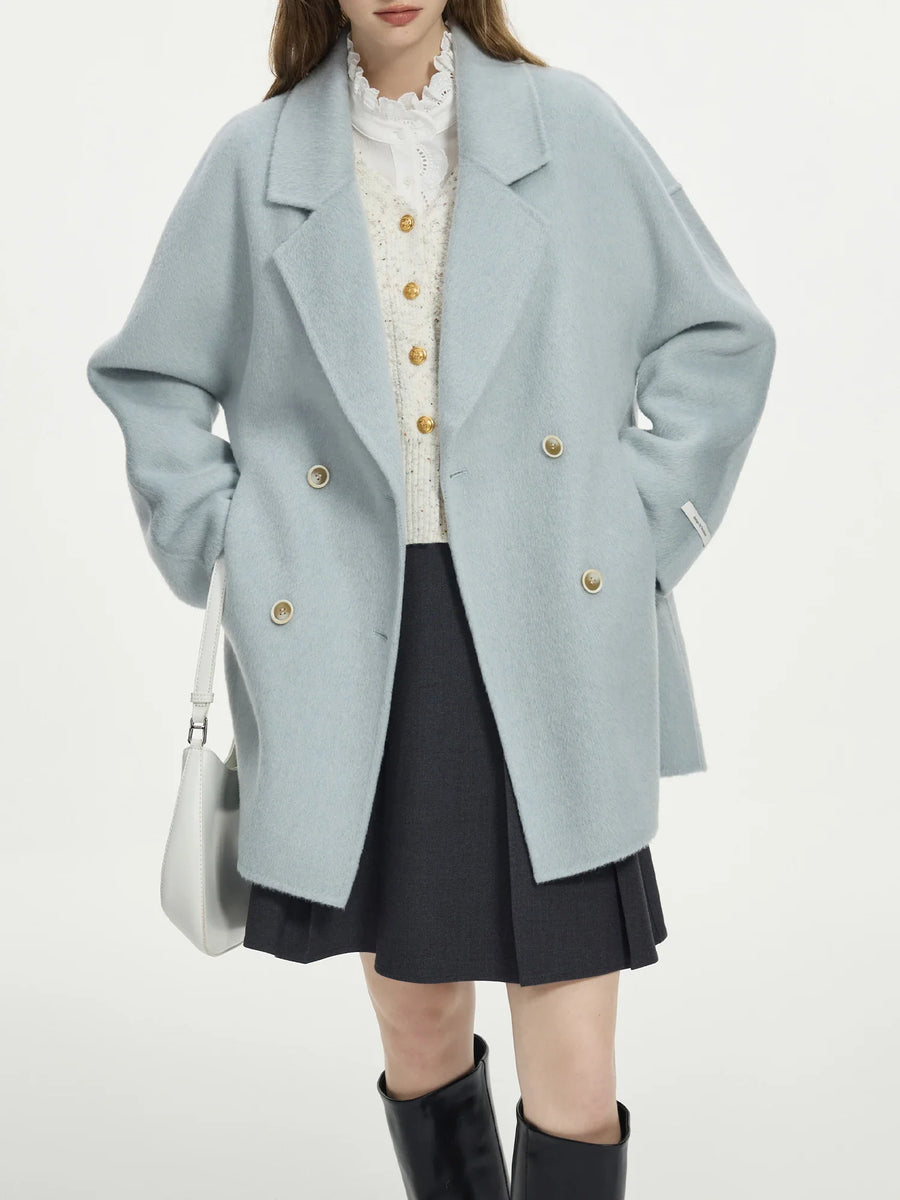 Damen Kurzmantel Kurzjacke Hellblau Zweireihig Mit Kragen
