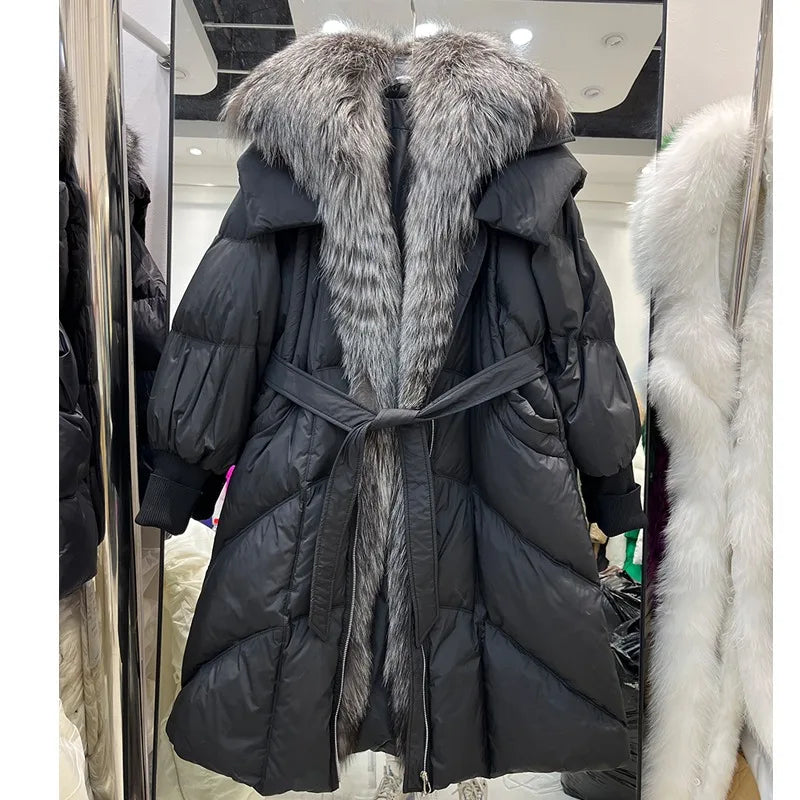 Damen Langer Steppmantel mit Kapuze und Pelzbesatz Gürtel beige