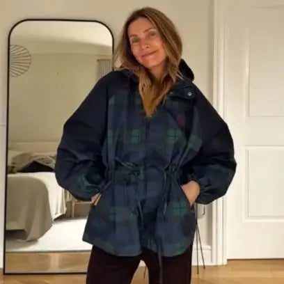 Damen Karo Jacke mit Kapuze und Kordelzug Grün Blau