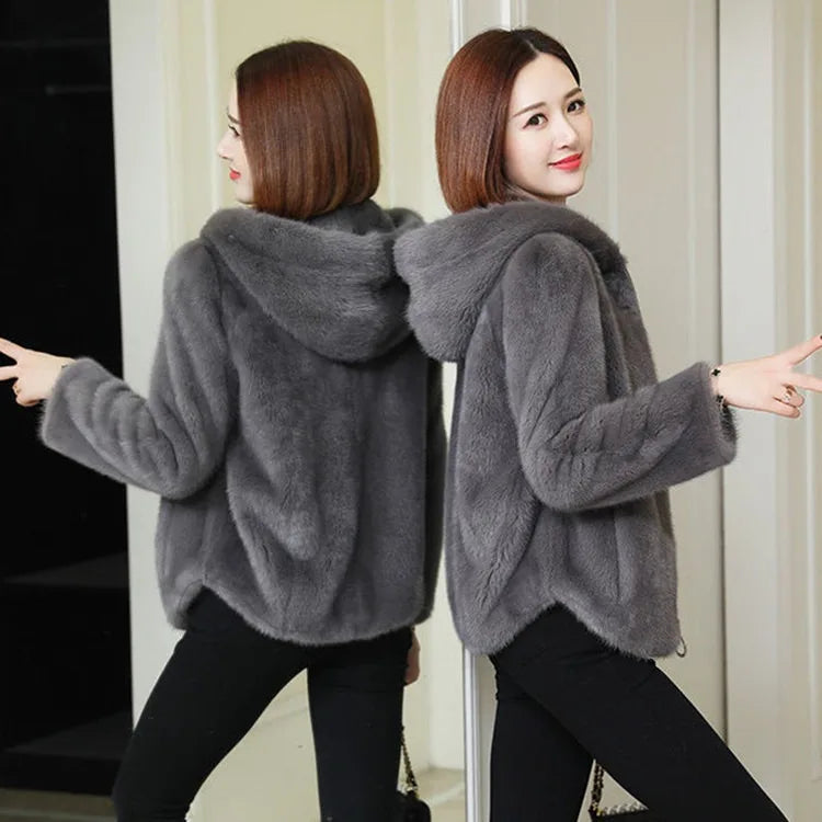 Damen Kurzjacke Kapuzenjacke Plüsch Teddy-Look mit Reißverschluss