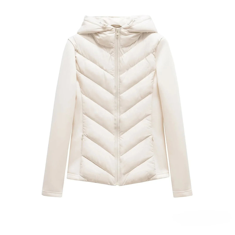 Damen Steppjacke mit Kapuze, cremeweiß, langärmelig, Reißverschluss