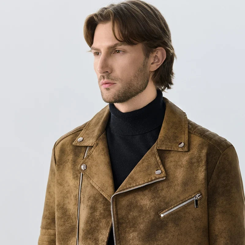 Herren Bikerjacke Wildleder-Optik Asymmetrischer Reißverschluss
