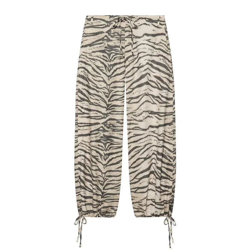 Damen Cargohose mit Animal-Print Weites Bein Beige Schwarz