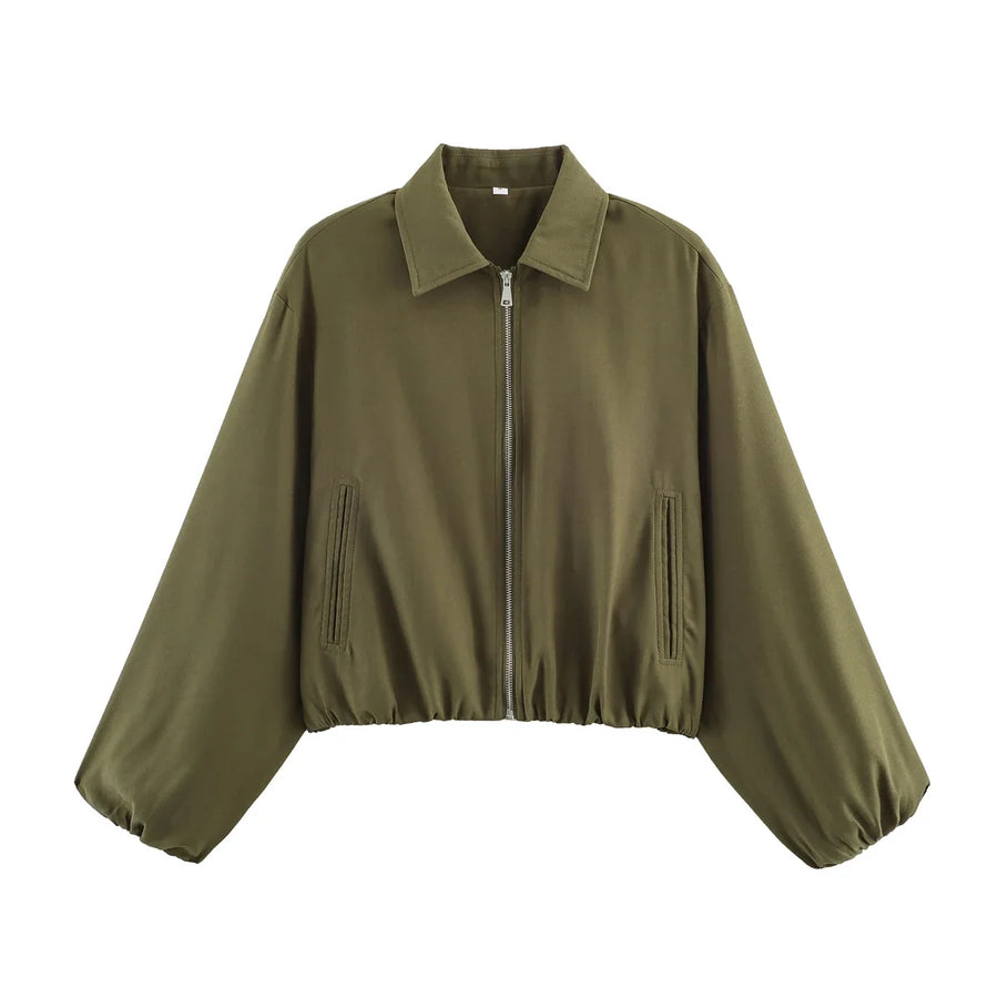Damen Kurzjacke mit Reißverschluss, Kragen und Gummizugsaum