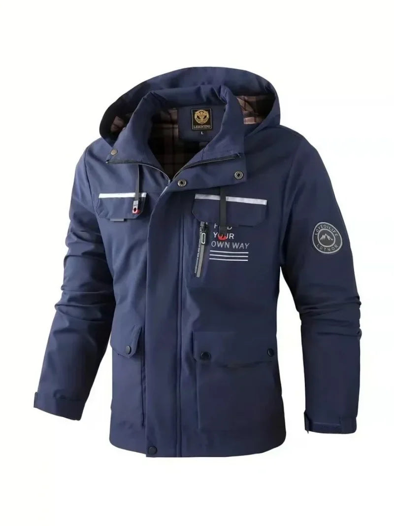 Herren Outdoor Jacke mit Kapuze & Reißverschluss, Winddichte Übergangsjacke mit Taschen