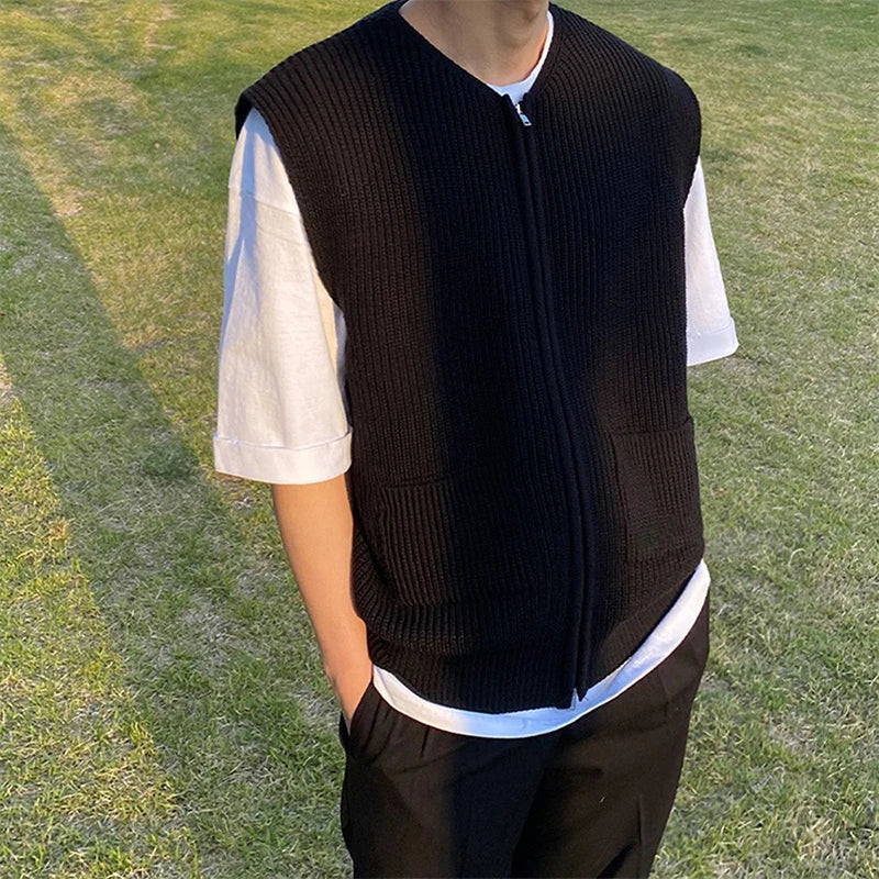 Unisex gebreid vest met ritssluiting en V-hals, mouwloos