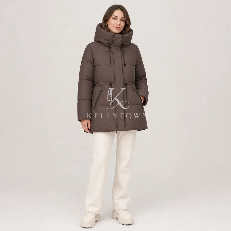 Damen Winter Steppjacke mit Kapuze und Kordelzug