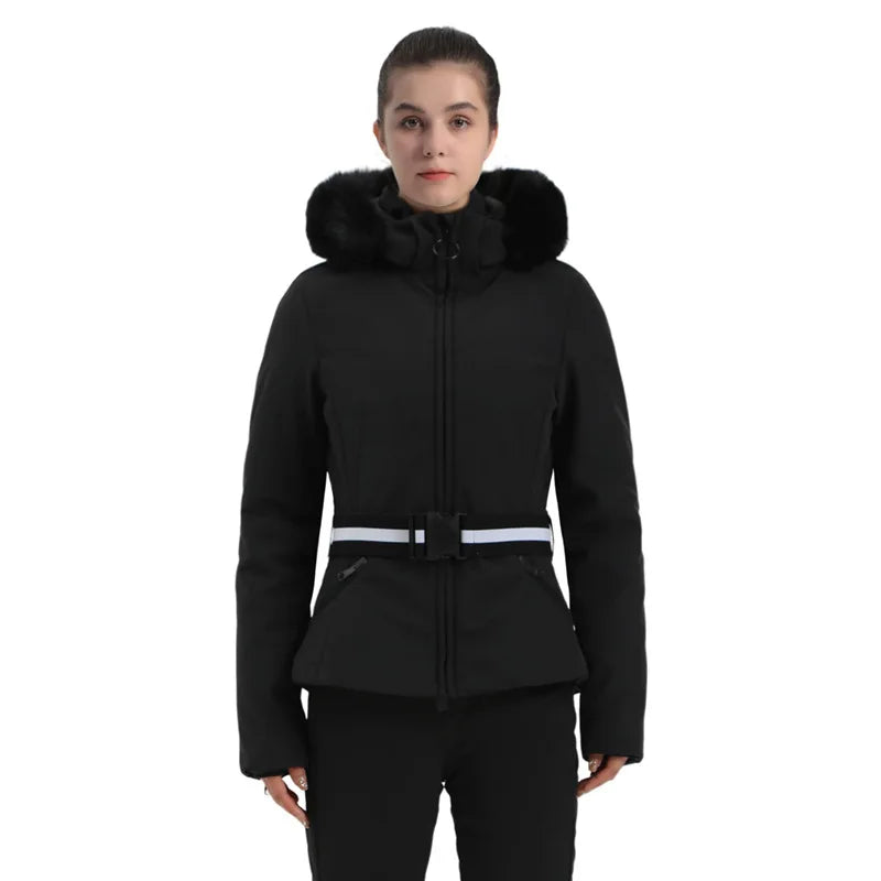 Damen Skijacke mit Hahnentrittmuster Gürtel und Kunstfellkapuze