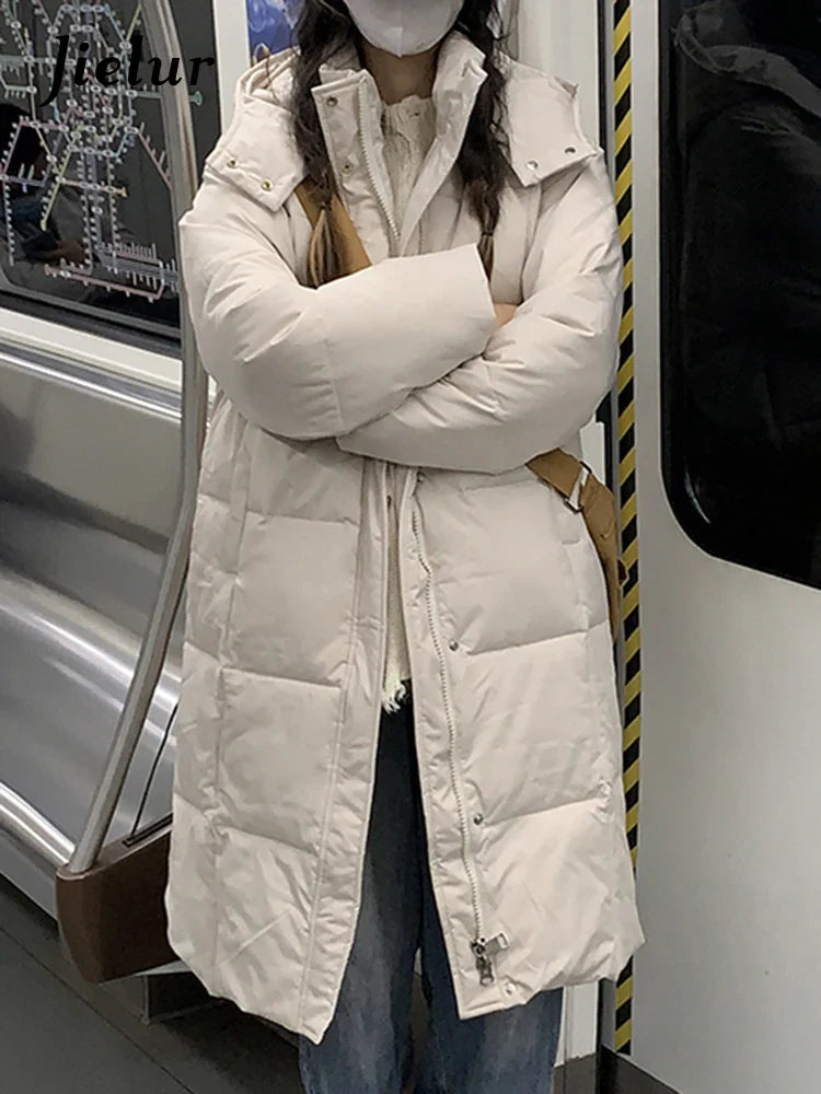 Damen Langer Steppmantel mit Kapuze Winterjacke