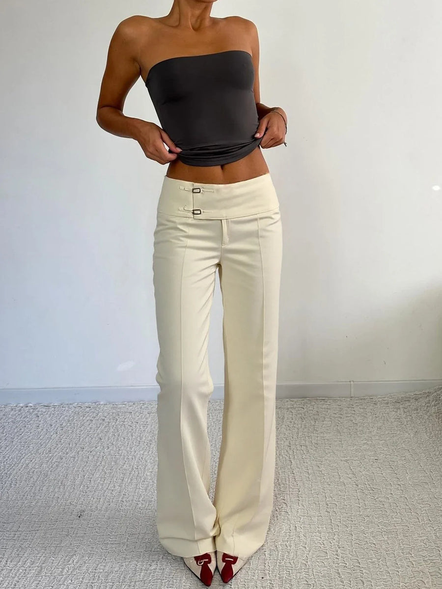 Damen Weiße Weite Marlenehose mit Schnallen-Detail