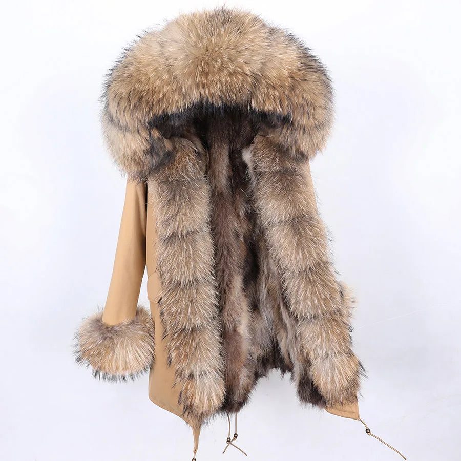 Damen Winterparka mit Kapuze und Plüschfutter, Lange Winterjacke