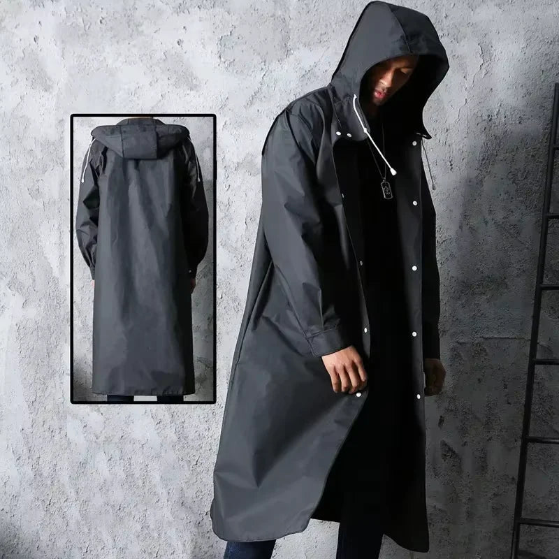 Unisex Regenmantel Lang Schwarz mit Kapuze