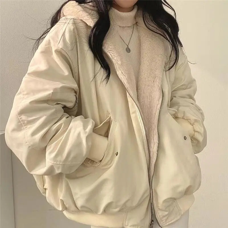 Damen Reversible Bomberjacke mit Kapuze Teddyfutter