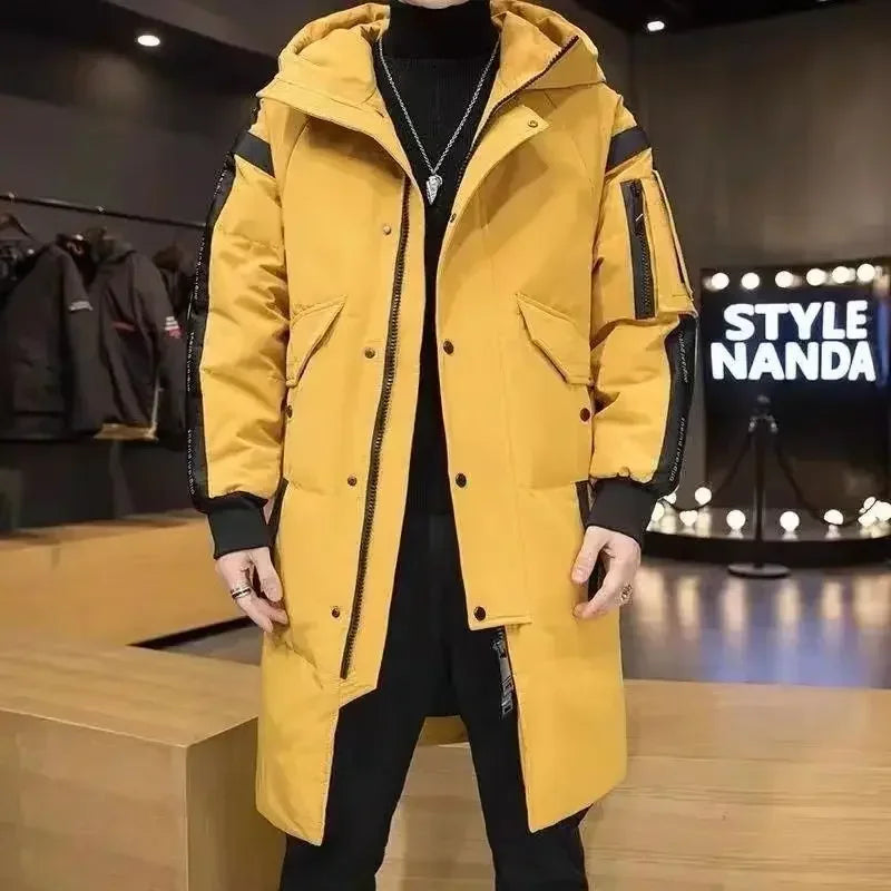 Herren Winter Steppmantel Lang mit Kapuze & Taschen