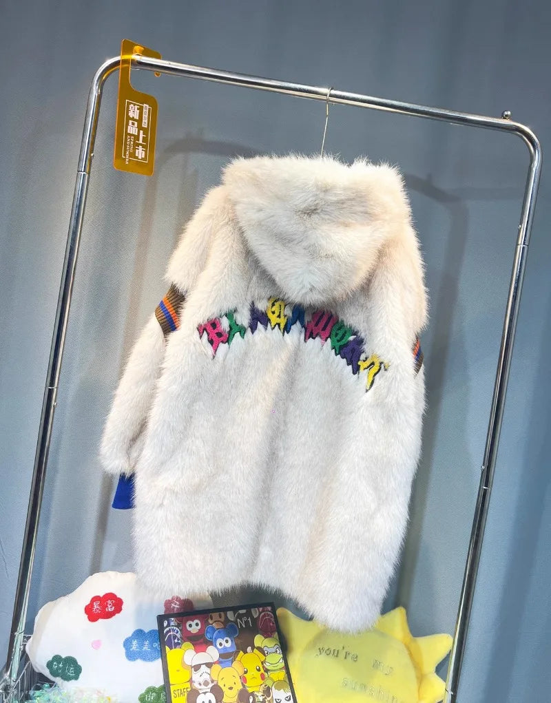 Unisex Winterjacke Teddyfell Optik Beige mit Blauer Tasche und Kapuze