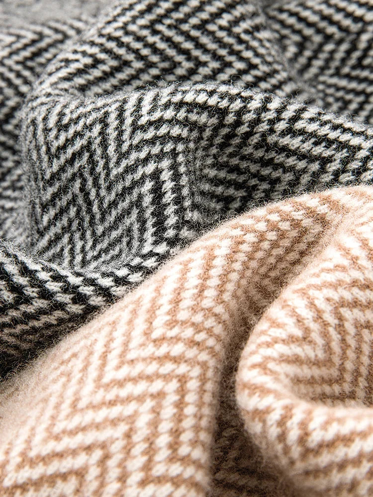 Wijde gebreide broek met visgraatpatroon en elastische tailleband