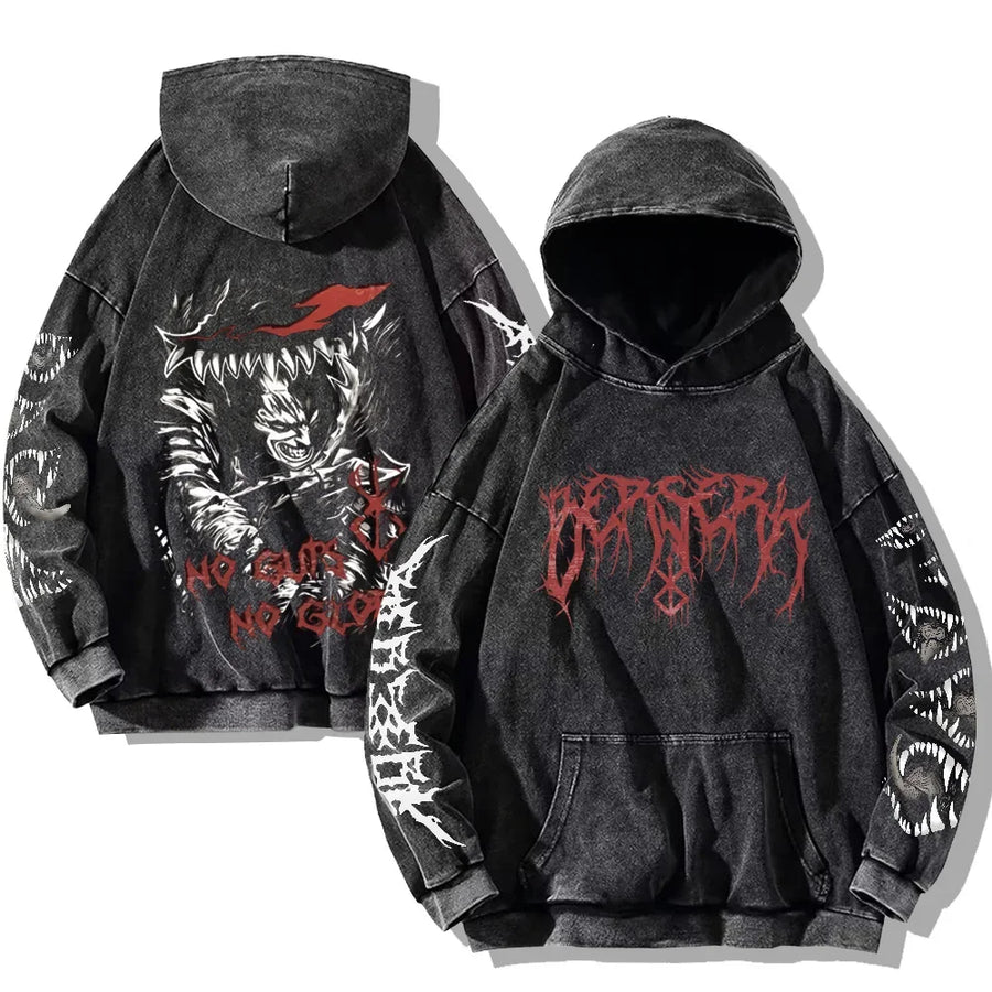 Vintage hoodie met capuchon en kangoeroezak – Berserk-print