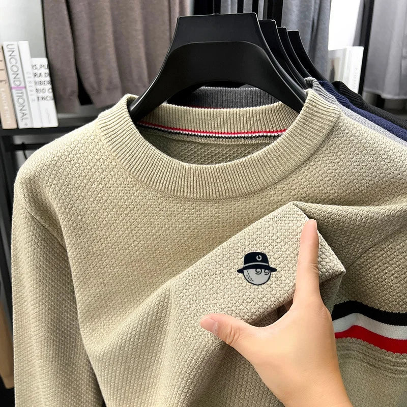 Heren pullover met lange mouwen, ronde hals, fijngebreid, ribboorden, borduursel