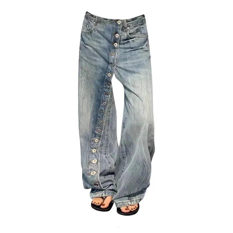 Loose Fit Jeans Damen Hellblau Weites Bein Knöpfe