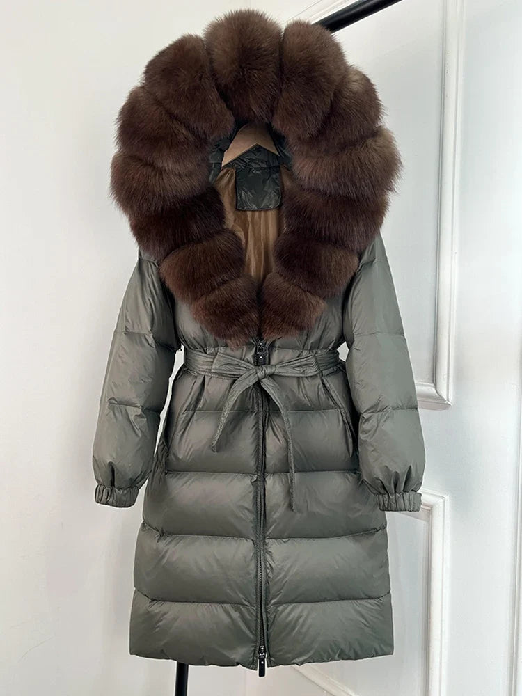 Damen Daunenmantel Schwarz mit pelzbesetzter Kapuze und Gürtel