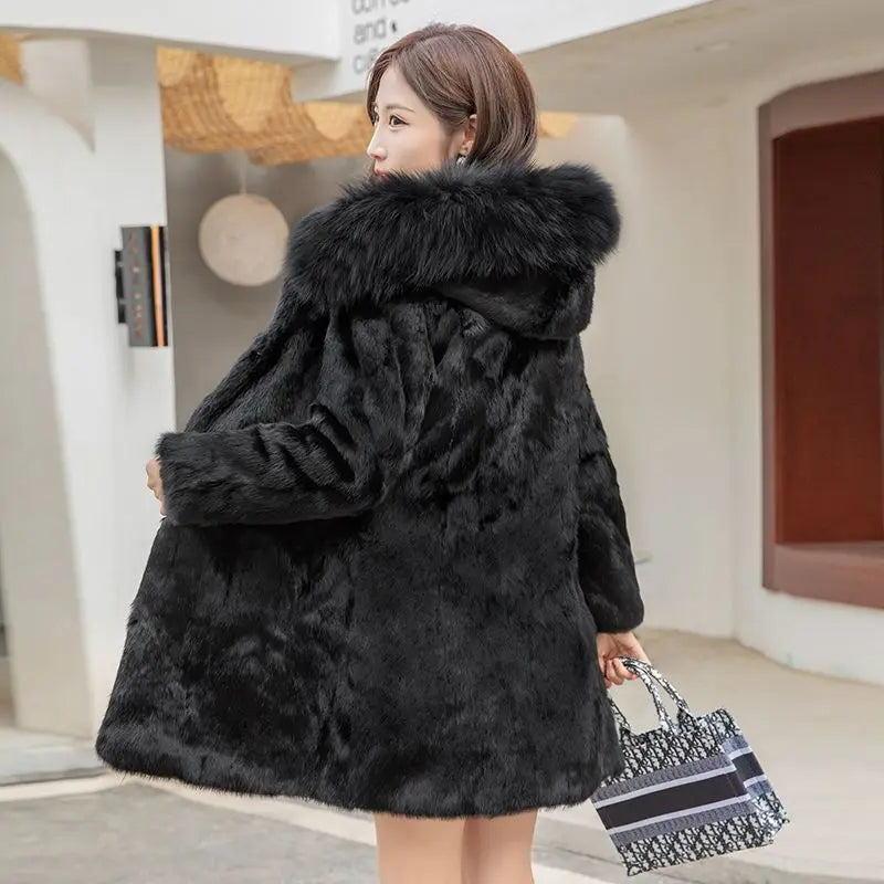 Damen Kurzmantel mit flauschiger Textur Schwarz Langarm Wintermantel mit Kapuze