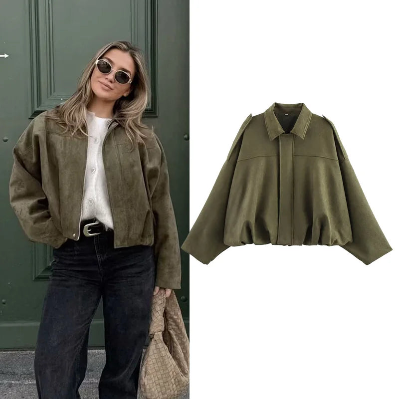 Kurze Jacke Damen Bomberjacke im Pilotenstil Übergangsjacke Grün Beige