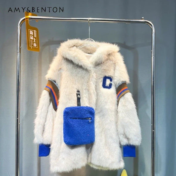 Unisex Winterjacke Teddyfell Optik Beige mit Blauer Tasche und Kapuze