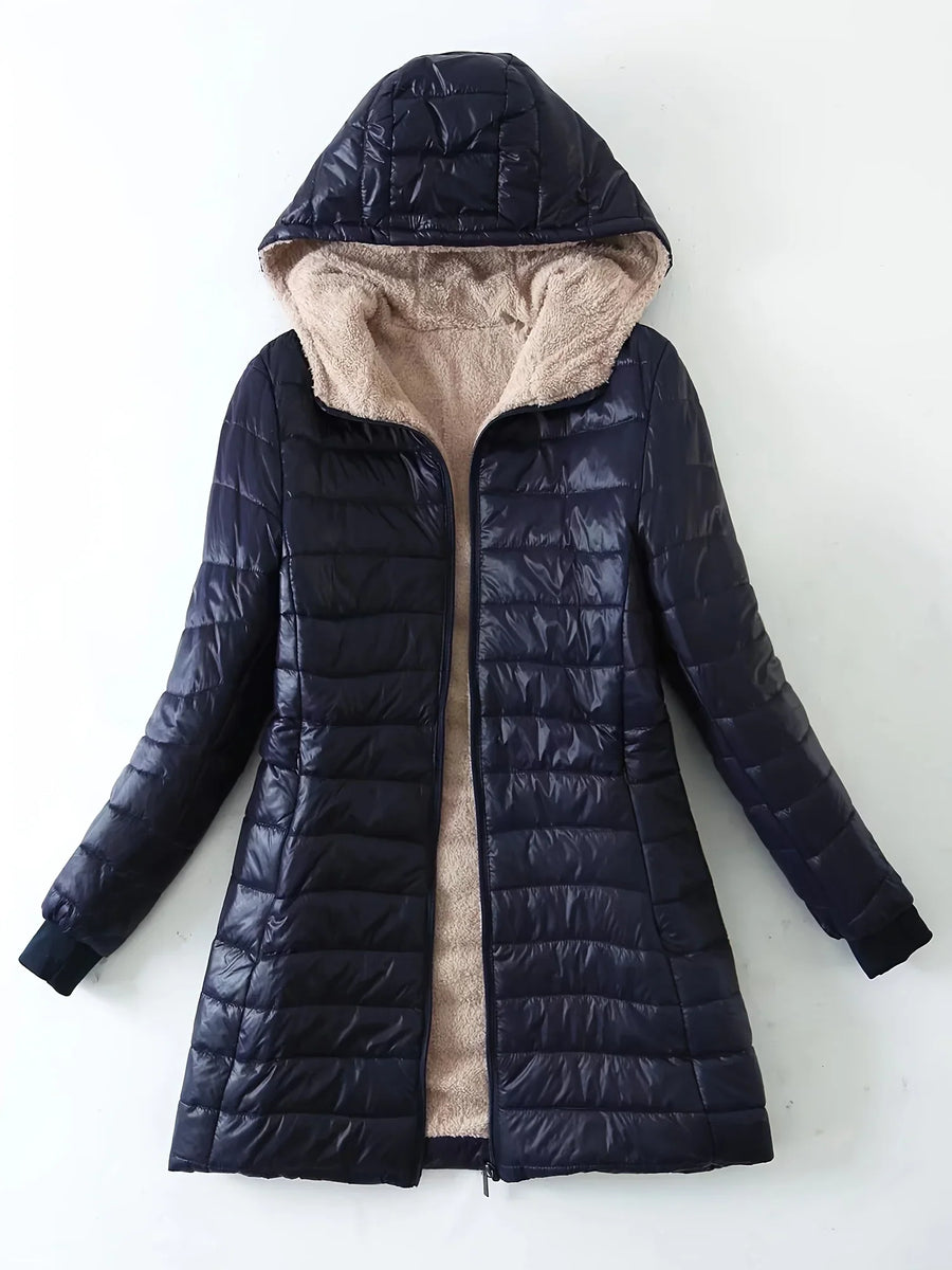 Damen Steppjacke mit Kapuze, gefüttert, lang geschnitten, Warm