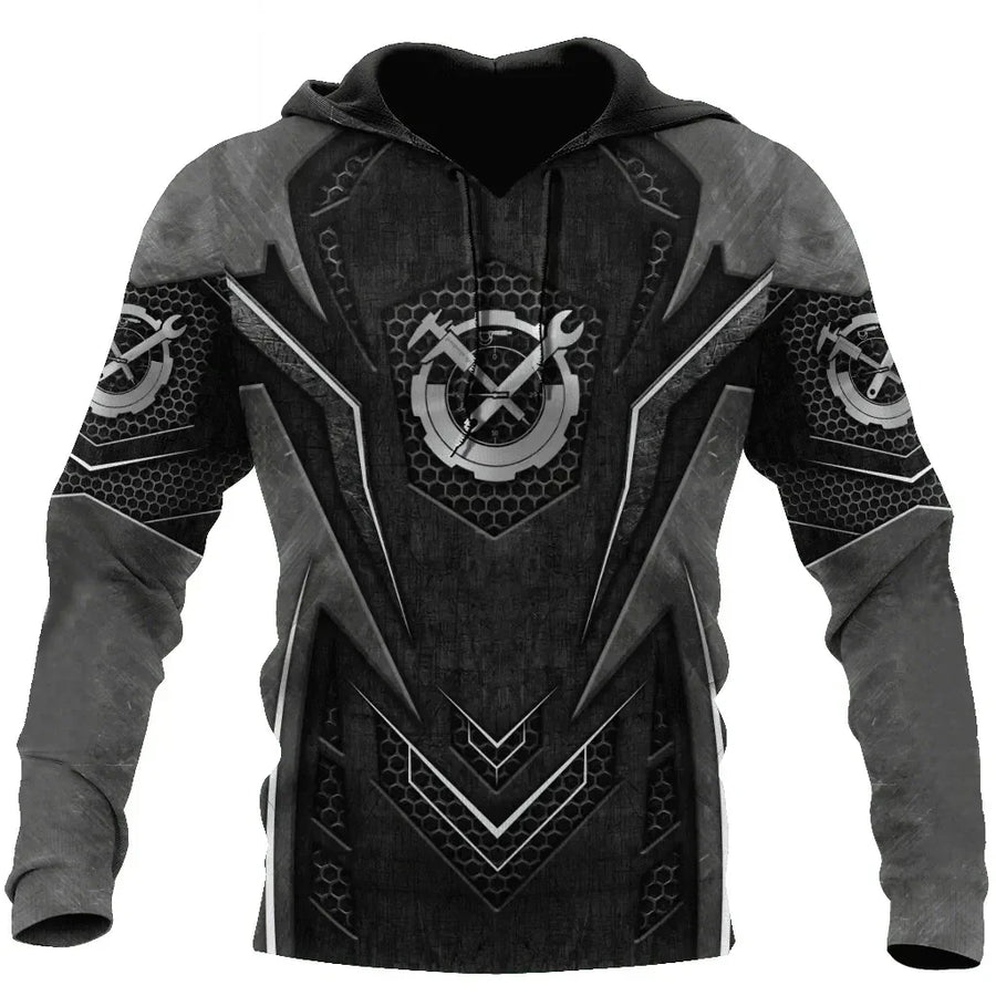 Kapuzenpullover Herren Hoodie Mechaniker-Design Motor Kolben Werkzeug Schwarz Grau