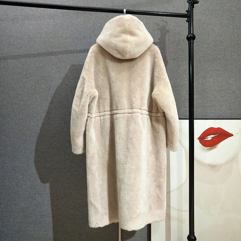 Teddyfell-Mantel mit Kapuze für Damen, Lang, Tunnelzug in der Taille