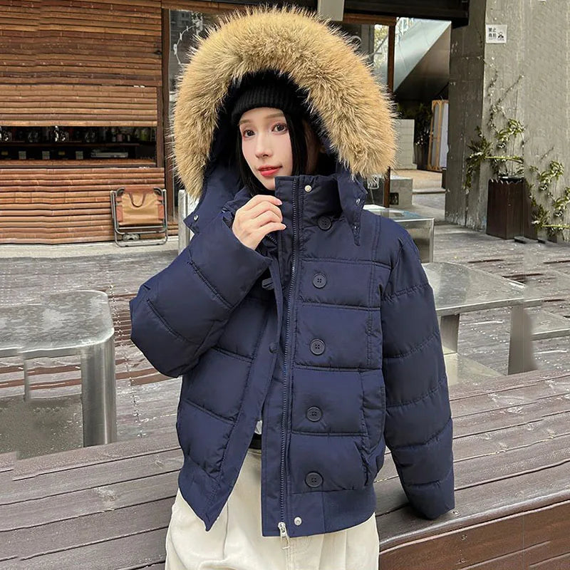 Kurze Damen Pufferjacke mit Kapuze und Kunstfellbesatz Rosa