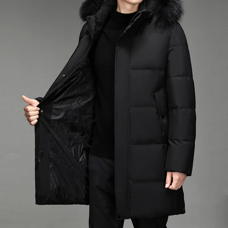 Herren Winter Parka lang mit Kapuze und Fellimitat dunkelgrau
