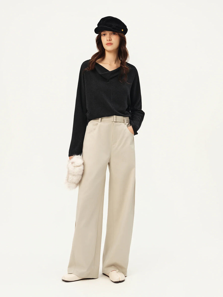 Wijde damesbroek met high waist en riem in donkerblauw