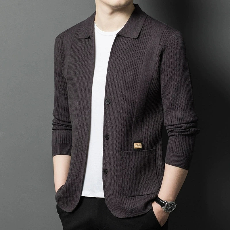 Herenvest met kraag en knoopsluiting, gebreide blazer, jasje met lange mouwen, gebreide pullover